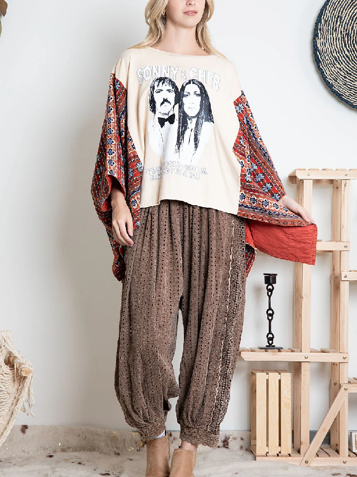 BlueVelvet Sonny & Cher Print Top with Mixed Print Sewn Poncho Sleeves in Beige