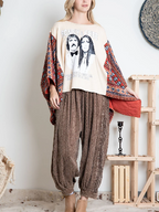 BlueVelvet Sonny & Cher Print Top with Mixed Print Sewn Poncho Sleeves in Beige