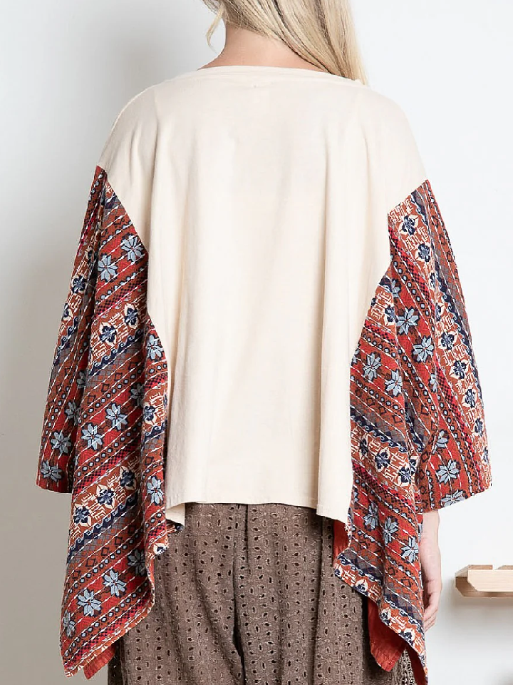 BlueVelvet Sonny & Cher Print Top with Mixed Print Sewn Poncho Sleeves in Beige
