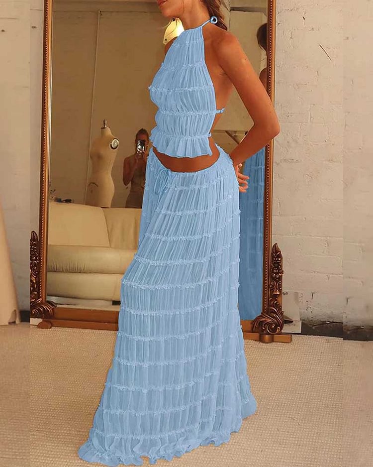 Open Back Hanging Neck Strap Pleated Lace Lace Lace Vest Long Skirt Set