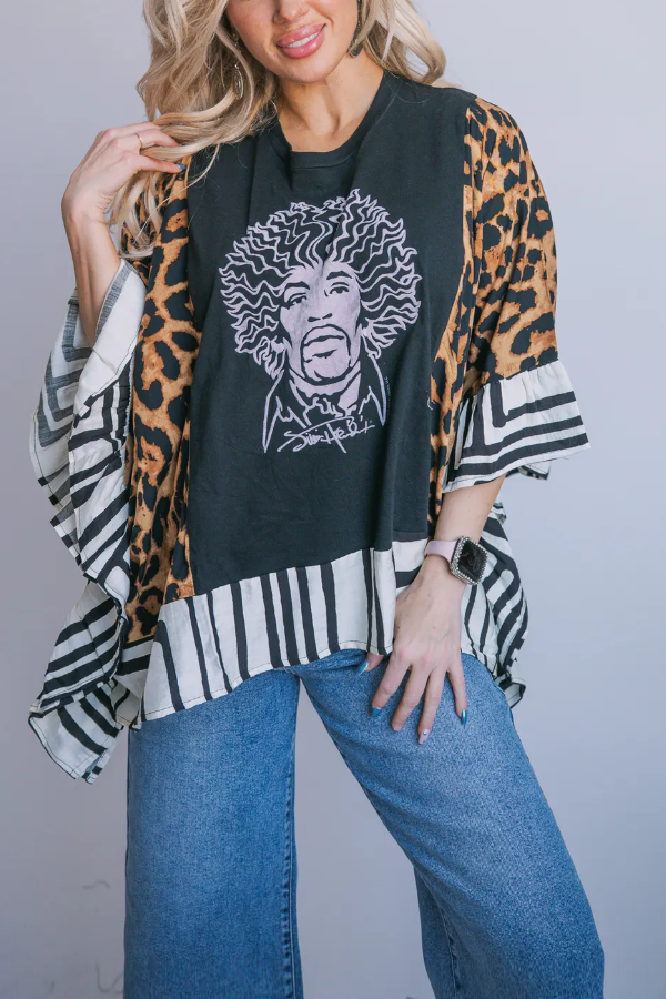 Jimi Hendrix Print Bat Sleeve T-shirt (with Pocket)
