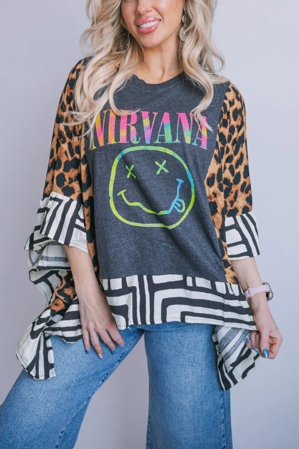 NIRVANA-Print Bat-Sleeve T-Shirt (No Back Pocket)