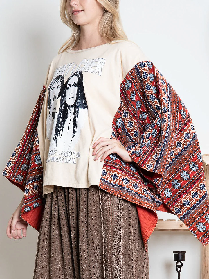 BlueVelvet Sonny & Cher Print Top with Mixed Print Sewn Poncho Sleeves in Beige
