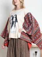 BlueVelvet Sonny & Cher Print Top with Mixed Print Sewn Poncho Sleeves in Beige