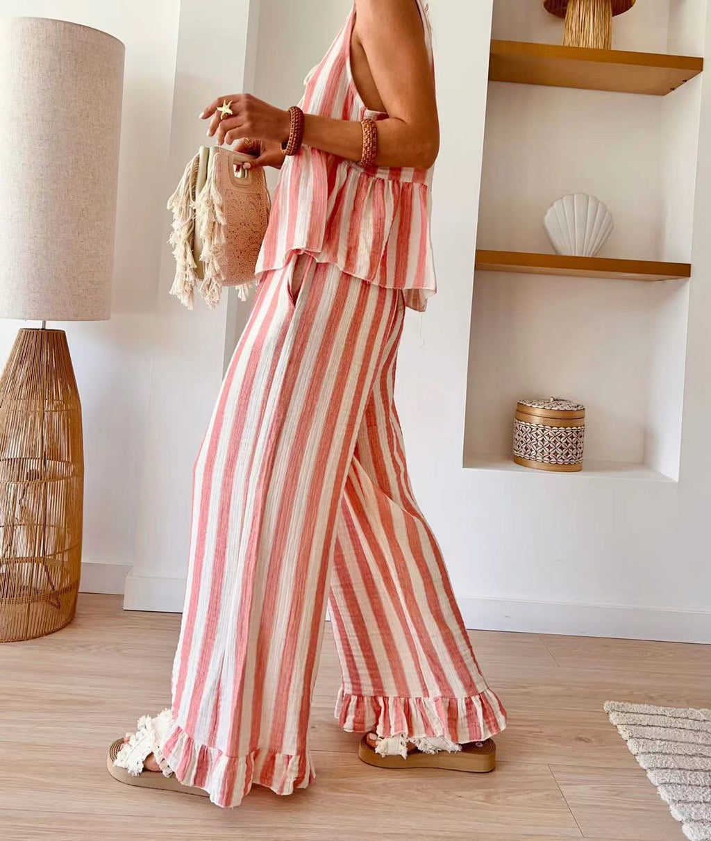 Tie Striped Vest Top Casual Pants Set
