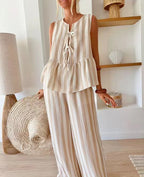 Tie Striped Vest Top Casual Pants Set