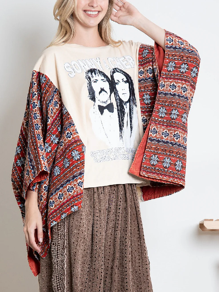 BlueVelvet Sonny & Cher Print Top with Mixed Print Sewn Poncho Sleeves in Beige
