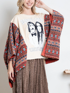 BlueVelvet Sonny & Cher Print Top with Mixed Print Sewn Poncho Sleeves in Beige