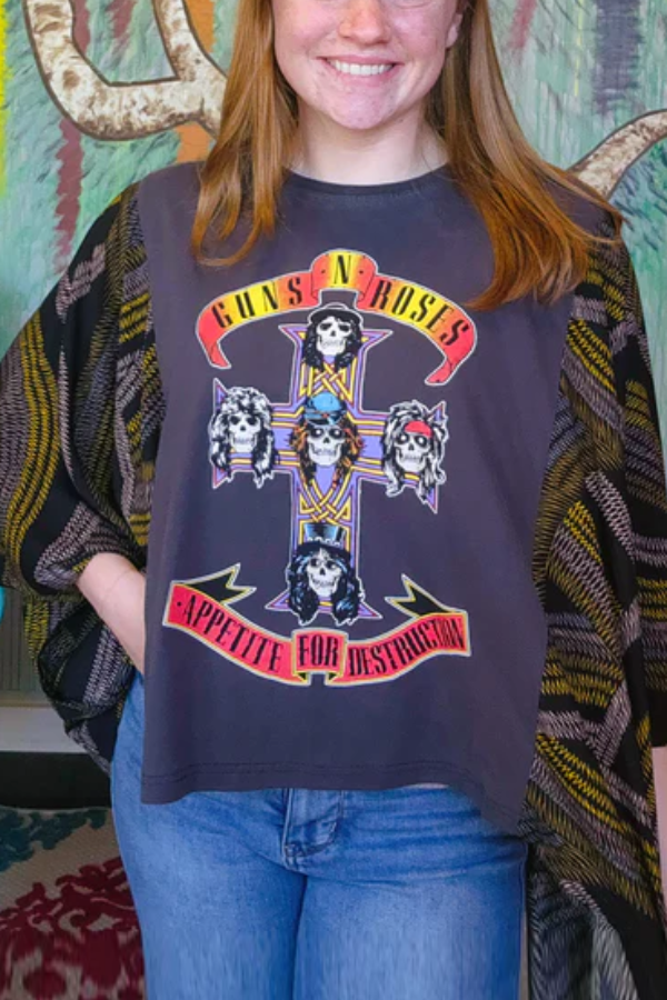 Guns And Roses Band Print Bat Sleeve T-shirt (with Pockets)