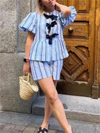 Blue Bow Striped Blouse Set