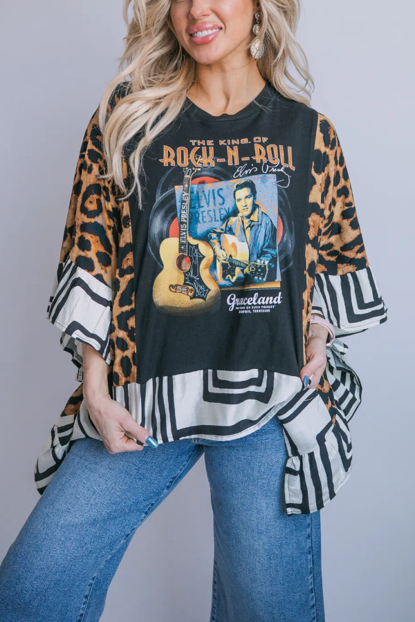 Elvis Presley The King Of Rock N Roll Guitar Record Printed Bat Sleeve T-Shirt (Patch)
