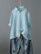 Solid Casual 3/4 Sleeve Turn-down Collar Tops